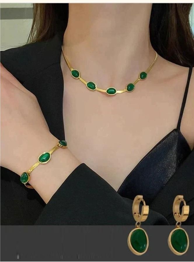 Oval Green Crystal Pendant Necklace Set